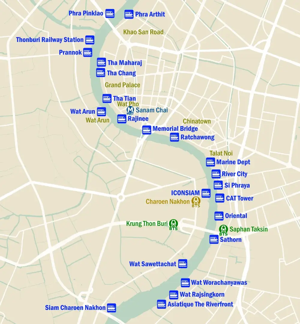 Chao Phraya River Pier Map in Central Bangkok