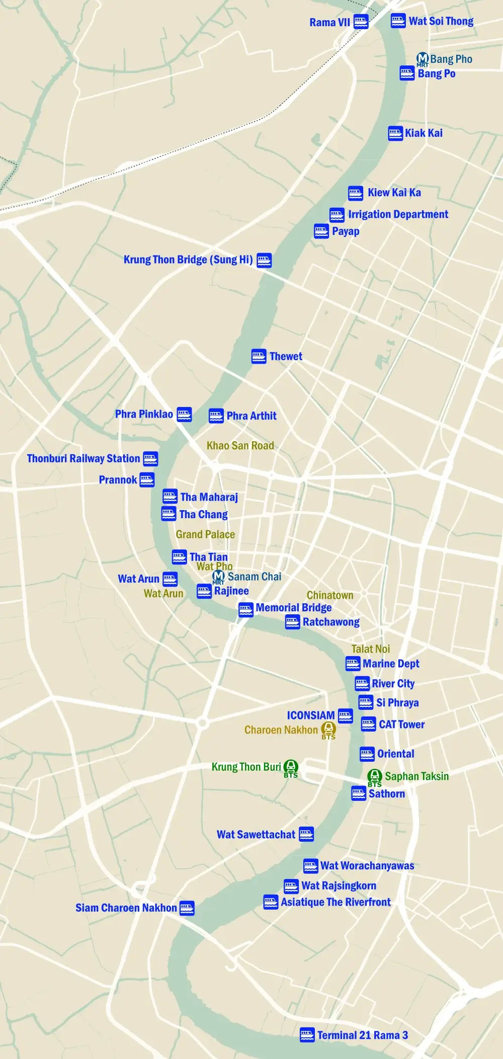 Map of Chao Phraya River Piers in Bangkok